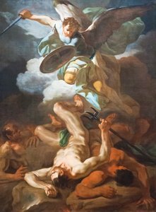 Erkeengelen Mikael beseirer Satan (olje på lerret)