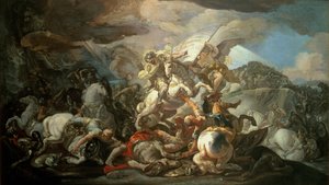 Det legendariske slaget ved Clavijo, der den asturiske kong Ramiro I (791-850) beseiret muslimene ved hjelp av apostelen St. Jakob i 845, skisse etter maleriet i kuppelen til Det kongelige palass i Madrid (olje på lerret)