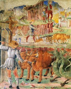 Landbruksbilde, detalj fra Triumph of Ceres, scene fra august måned, ca 1470, tilskrevet Cosimo Tura, og mester i Ercole, freskomaleri, nordvegg, Månedens hall, Palazzo Schifanoia (gledens palass), Ferrara, Emilia- Romagna. Italia
