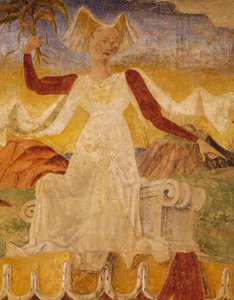Ceres med korn i hendene, detalj fra Triumph of Ceres, scene fra August måned, ca 1470, tilskrevet Cosimo Tura, og Master of Ercole, fresco, nordvegg, Hall of Months, Palazzo Schifanoia, Ferrara, Emilia- Romagna, Italia