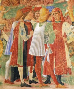 Gruppe av kjøpmenn, detalj fra Triumph of Ceres, scene fra august måned, tilskrevet Cosimo Tura (ca. 1430-1495) og Master of Ercole, freskomaleri, nordvegg, Hall of Months, Palazzo Schifanoia (Gledens palass), Ferrara, Italia, ca 1470