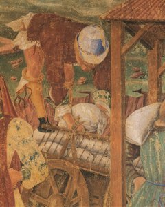 Kjøpmann på jobb, detalj fra Triumph of Ceres, scene fra august måned, tilskrevet Cosimo Tura