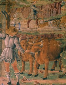 Bilder av livet på landet, detaljer fra Triumph of Ceres, scene fra august måned, tilskrevet Cosimo Tura (cirka 1430-1495) og Master of Ercole, freskomaleri, nordvegg, Hall of Months, Palazzo Schifanoia (Gledens palass), Ferrara , Italia, rundt 1470