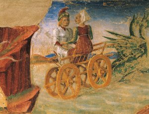 Voldtekt av Proserpina, detalj fra Triumph of Ceres, scene fra august måned, tilskrevet Cosimo Tura (ca. 1430-1495) og Master of Ercole, freskomaleri, nordvegg, Hall of Months, Palazzo Schifanoia (Gledens palass), Ferrara, Italia, ca 1470