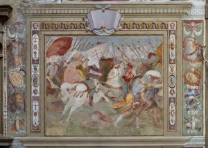 Kampscene fra Godfred av Bouillons gjerninger ved erobringen av Jerusalem, ca. 1589–94 (fresko)