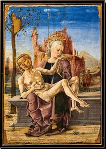 Klagesang, av Cosmé Tura, ca. 1460. I øvre venstre del av maleriet vises en ape som klamrer seg til grenene på et epletre. Det er en hentydning til det gode og det ondes tre og til Djevelens fristelse i det jordiske paradis. av Cosimo Tura