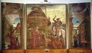 Polyptych som skildrer St. George and the Dragon and the Annunciation, 1469 (tempera på panel) (se også 215997)