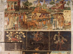 Triumf av Jupiter og Cybele og løvens tegn, scener fra juli måned, freskomaleri, nordvegg, Hall of Months, Palazzo Schifanoia (Gledens palass), Ferrara, Italia, ca. 1470