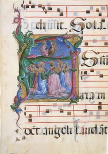 Manuskriptbelysning med antagelsen av jomfruen i en innledende A..., 1450-60.