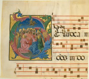 Manuskriptbelysning med antagelsen av jomfruen i en innledende G, 1450-60.