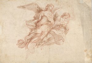 To engler som flyr, verso: Gud Faderen sitter i skyene og en skisse av en figur som flyr, c1720