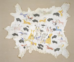 Scenes of Plains Indian Life, ca. 1880 (pigment på elghid) av Cotsiogo
