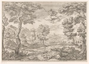 Adonis angrepet av en villsvin Landskap etter malerier i Palazzo Theodoli i San Vito Romano (serietittel) av Crescenzio Onofrij