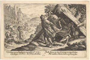Noahs drukkenskap: Sem og Jafet dekker den nakne kroppen til Noah, som ligger i et telt, en ..., 1612.