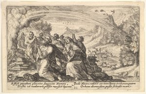 Gud inngår en pakt med Noah: ved siden av et rykende bål kneler Noah i en gest av p..., 1612.