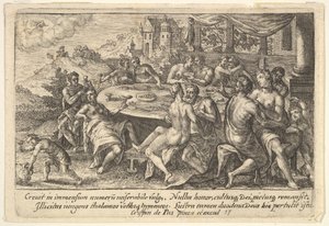 Menneskeheten overgir seg til lystbetennelse før flommen: omfavner par på benker rundt en ta..., 1612.