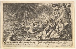 Begynnelsen av flommen: menn og kvinner klatrer til høyere bakken til høyre, vann overtak..., 1612.