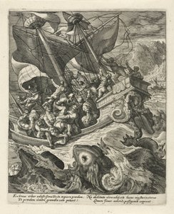Jonah blir kastet over bord av sjømennene History of Jonah (serietittel) av Crispijn van de Passe (I)
