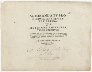 Titelblad av serien med zeven worldwonderen Titelblad met tekst in boekdruk: Forunderlige og vidunderlige verk fra antikken, som vanligvis kalles verdens syv underverk, 1614 av Crispijn van de Passe (I)