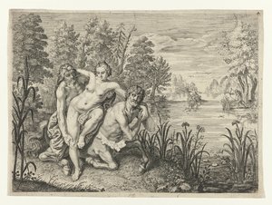 Nessus tar Deianira over elven Dianier of Nessus satt over strømmen (tittel på objekt) Metamorphoses of Ovid (serietittel) av Crispijn van de Passe (II) (possibly)