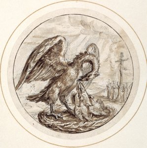En pelikan i hennes fromhet, tidlig på 1600-tallet (penn og brunt blekk med brun vask)