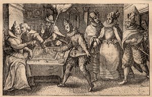 En backgammon-fest med spaserende spillere - nederlandsk kobberplategravering; fra et sett med trykk, Hortus Voluptatem, av Crispin de Passe (1550-1643) - Et par som spiller backgammon overrasket av fem menns masker gravert av Crispin de Passe l