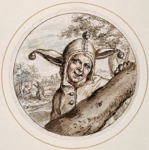 Fool with Cap and Bells, tidlig på 1600-tallet (penn og brunt blekk med brun, grå og rose vask)