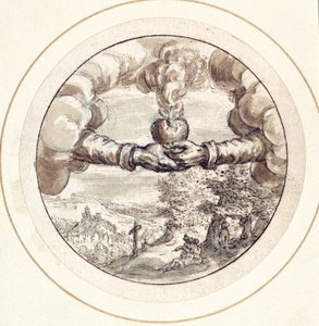 Hender som holder et flammende hjerte og keiserlig krone med utsikt over Circus Maximus (penn og brunt blekk med brun vask på papir)