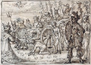 Triumferende inntog av den indiske Bacchus i Theben (penn og brunt blekk med brun vask på papir) av Crispin I de Passe