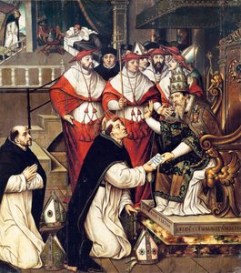 Honorius III (Cencio Savelli, pave fra 1216 til 1227) bekrefter Saint Dominic-ordenen. Maleri av Cristobal Llorens (cirka 1550-1616) av Cristobal Llorens