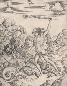 Hercules and the Hydra, med en fakkel, angriper han den bevingede, flerhodede Hydr..., ca. 1500-1520. av Cristofano di Michele Martini