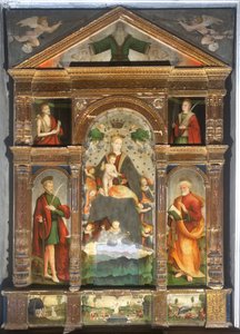 Kronet Madonna og barn med engler, Saint Paul, Saint Peter av Cristoforo (fl.1525-1578) & Pancalino Raffaele (fl.1514-1573) Pancalino