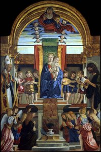 Jomfruen og barnet på tronen hos Gud Faderen og de hellige Hilarius og døperen Johannes, 1499 av Cristoforo Caselli