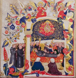 Bebodd initial 'A' som viser begravelsen til St. Francis, ca. 1410