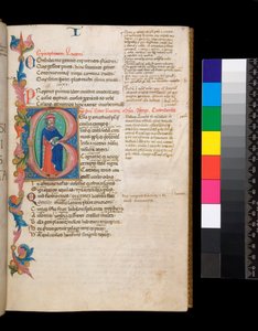 Ms 325. Lucan, Bellum Civile og andre verk, f.10r. Opplyst initial [B], bebodd av et forfatterportrett i full lengde, som strekker seg inn i en delvis løvverk, ca. 1400-10 (pergament)