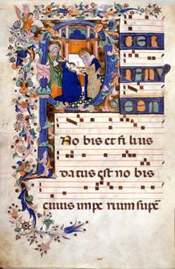 Omskjæringen av Kristus i en lettrine P. Partition (Choral) fra 1400-tallet av Cristoforo Cortese (første halvdel av 1400-tallet). Biblioteca Brera, Milano