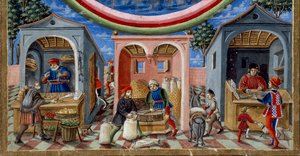 Detalj av kjøpmenn som selger forskjellige gjenstander: til venstre, en kjøpmann av frukt og grønnsaker, i midten en mølle som støper korn (miniatyr, ca. 1470)