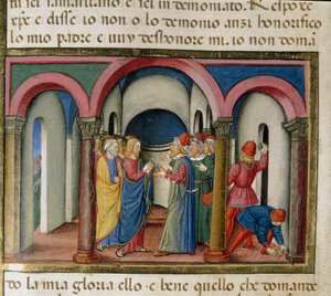 Jesus ble forelsket nær Salomos tempel av jøder som ba ham om å bevise sin miniatyridentitet til Cristoforo De Predis (1440-1486) etter historien til Det nye testamente av Cristoforo De Predis