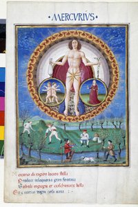 Merkur med tegn på dyrekretsen til Jomfruen og Gemels. I underetasjen jobber bønder på åkrene. Miniatyr laget av Cristoforo de Predis (v. 1440-v. 1486) - i “” De Sphaera””” d'Este. Rundt 1470. Biblioteca Estense, Modene.