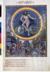 Saturn med stjernetegn på vannmannen og steinbukken. I underetasjen, spillscenene og dens innflytelse på menn. Miniatyr laget av Cristoforo de Predis (v. 1440-v. 1486) - i “” De Sphaera””” d'Este. Omkring 1470. Biblioteca Estense, Modene. av Cristoforo De Predis