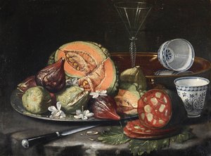 ""Still life"" (Still life) Melon, pølse, fiken og kinesisk porselen Maleri av Cristoforo Monari (Munari) (1667-1720), - Olje på lerret, 44x56 - Fondation Custodia