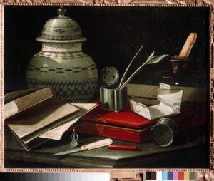 Stilleben med skriveredskaper. Blekk og blekkhus med fjærpenn, konvolutt, boks som sannsynligvis inneholder nødvendig skrift og brevåpner (brevåpner). Maleri av Cristoforo Monari (Munari) (1667-17
