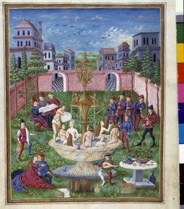 Innflytelse av Merkur: Kjærlighetens hage og ungdommens kilde. Miniatyr laget av Cristoforo de Predis (v. 1440-v. 1486) - i “” De Sphaera””” d