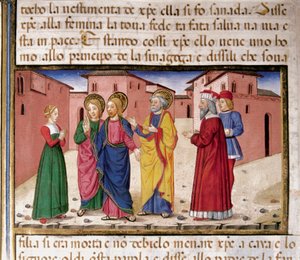 Jesus henvender seg til kvinnen som er skyldig i utroskap Miniatyr av Cristoforo De Predis (1440-1486) etter historien til Det nye testamente (fol. 61) av Cristoforo De Predis