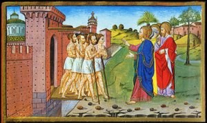 Jesus og de spedalske. Miniatyr av Cristoforo av Predis - i Historia of the new testament av Cristoforo De Predis