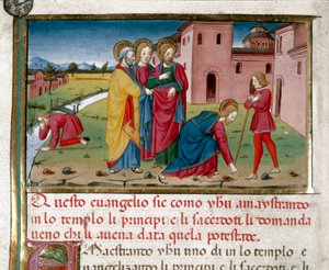 Jesus gir syn til en blind mann ved fødsel Miniatyr av Cristoforo De Predis (1440-1486) etter Det nye testamentes historie (fol. 7) av Cristoforo De Predis