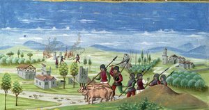 Plyndring under krigen. detalj av "" Sun Influence "": The War. Miniatyr laget av Cristoforo de Predis (v. 1440-v. 1486) - i “” De Sphaera””” d