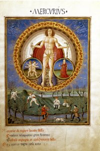 Merkur med tegn på dyrekretsen til Jomfruen og Gemels. Bønder som arbeider på marka (miniatyr, ca. 1470)