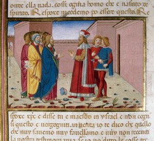 Fariseeren Nikodema besøker Jesus miniatyr av Cristoforo De Predis (1440-1486) etter Det nye testamentes historie (fol. 58) av Cristoforo De Predis
