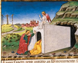 Apostlene Peter og Johannes oppdager graven til den tomme Kristus, fra Leggendario Sforza-Savoia av Cristoforo De Predis